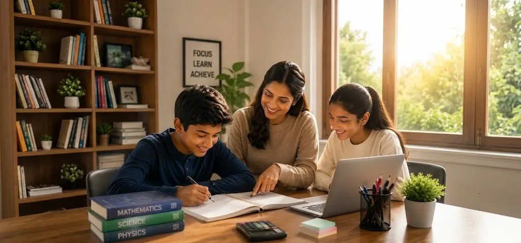 Teacher helping two students at a laptop